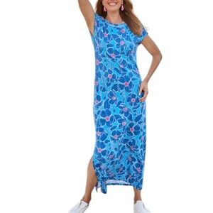 Hatley Blake Poppy Floral Cotton Modal Stretch Short Sleeve Maxi Dress XL Blue
